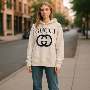 Gucci Black and Cream Oversized Long Sleeve Hoodie Unisex